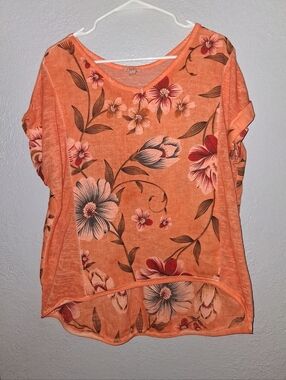Kaktus Orange 100% Linen Floral Short Sleeve Shirt L